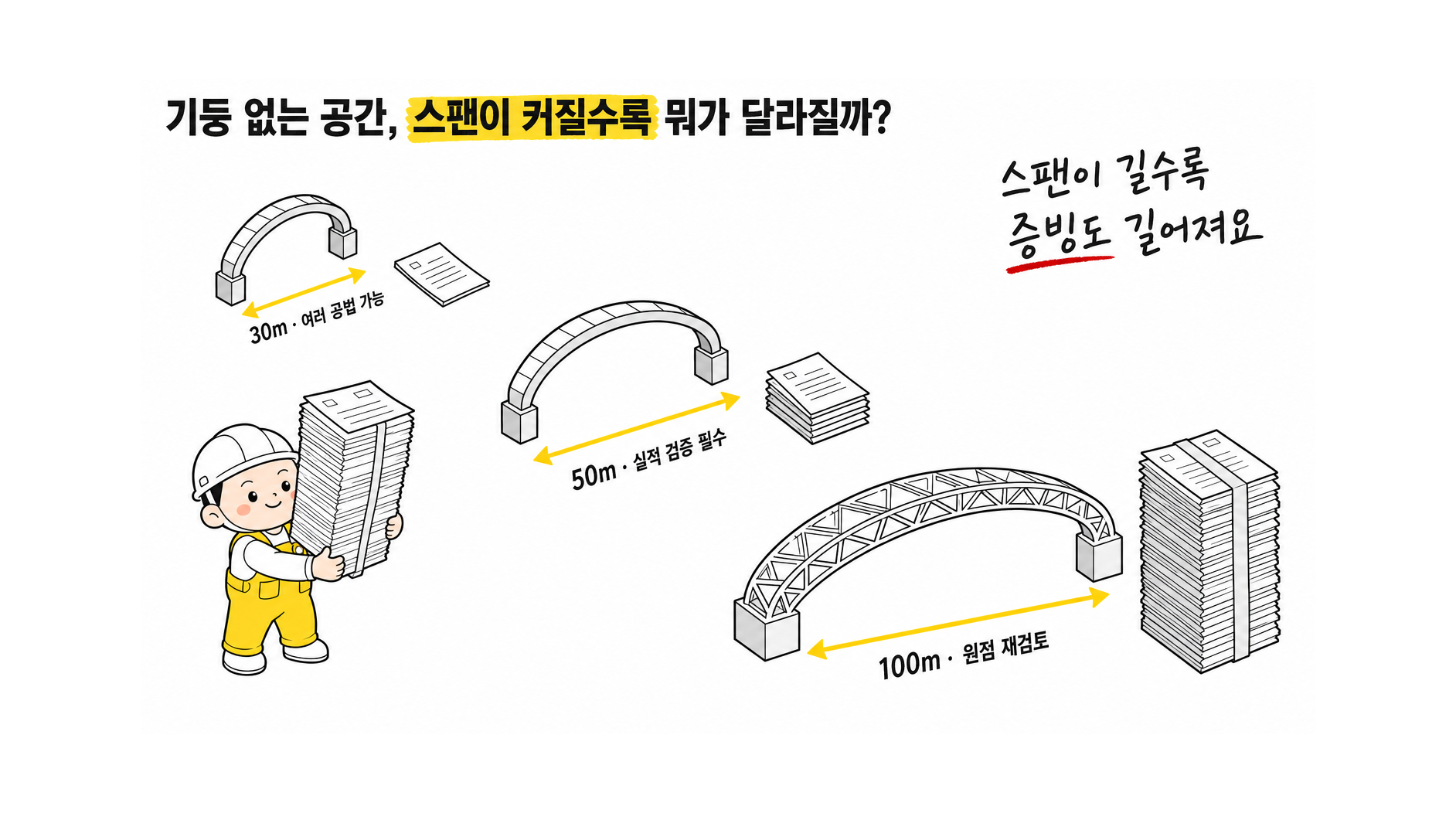 내부 기둥 없는 30m·50m·100m급 공간을 계획할 때 목표 스팬별로 트러스, PEB, SMART-FRAME의 적용 가능성을 어떻게 사전 검토해야 해?
