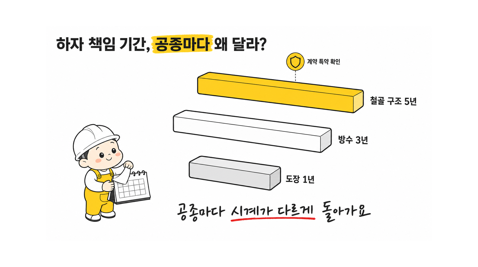 철골 및 건축 공종별 하자담보책임기간은 무엇을 기준으로 정하고, 현행 법령과 계약 특약은 어떻게 함께 확인해야 해?