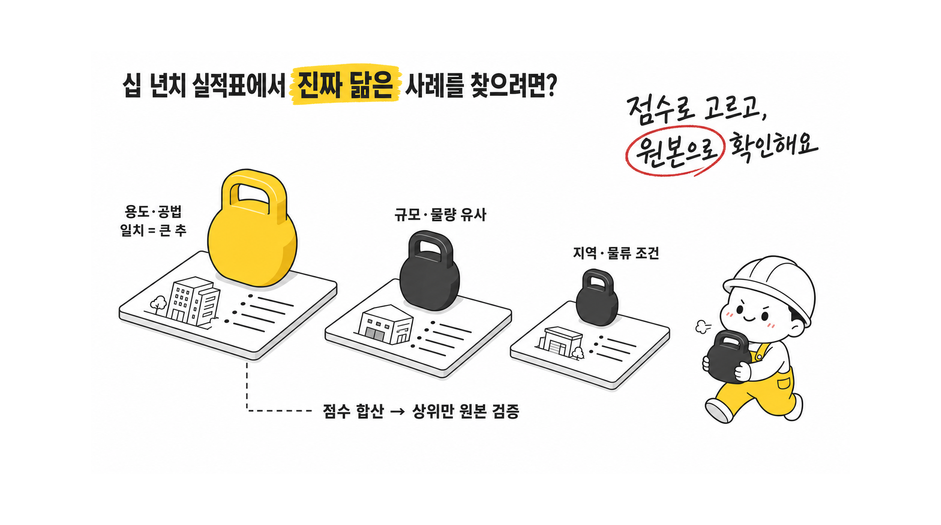 2014년부터 2025년까지의 시공실적표에서 내 프로젝트와 유사한 공법·물량·용도·지역 사례를 골라 검증하는 방법은?