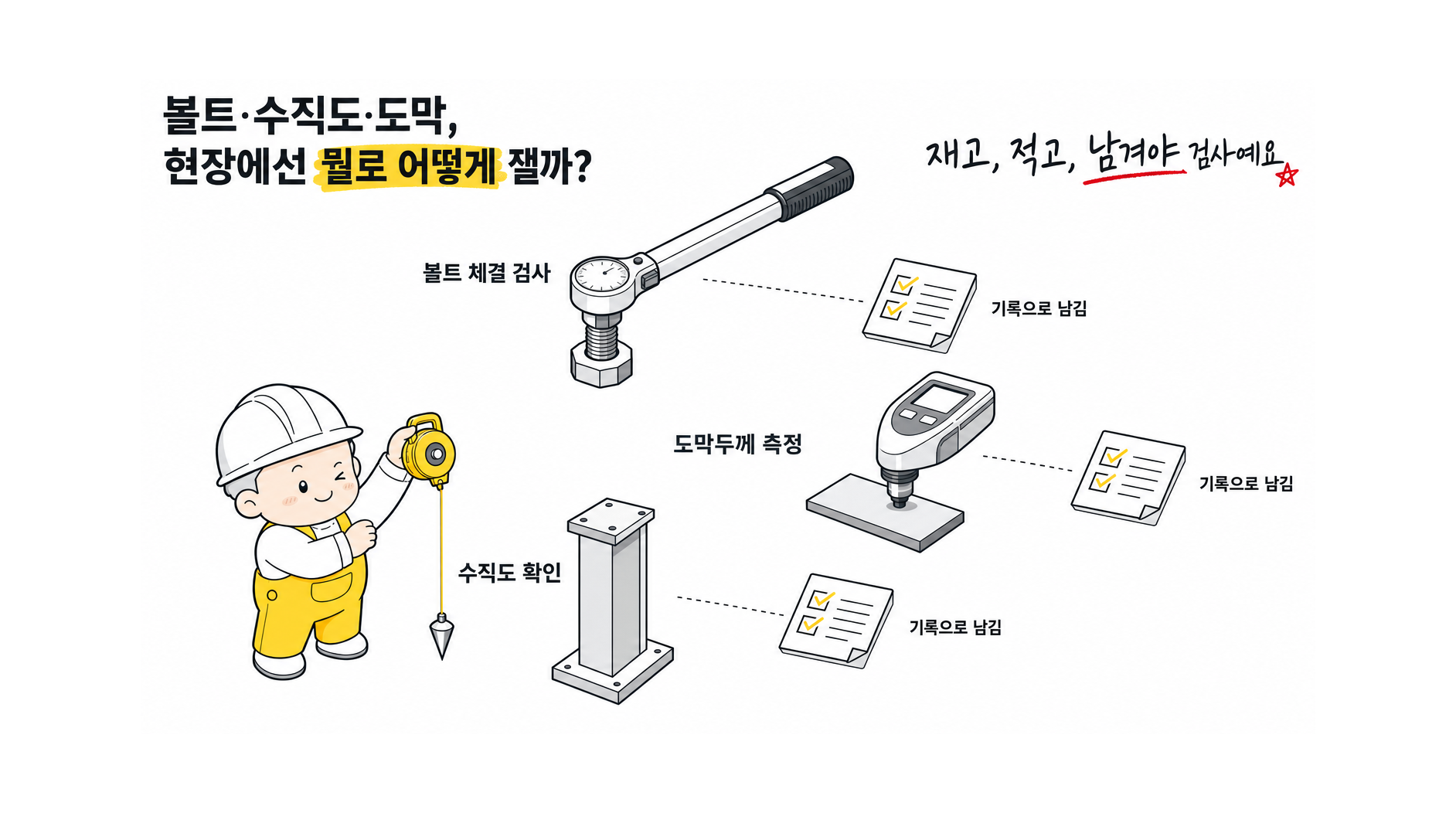 고장력볼트 체결력, 철골 수직도·레벨·치수 오차, 도막두께를 현장에서 어떻게 검사하고 기록해?